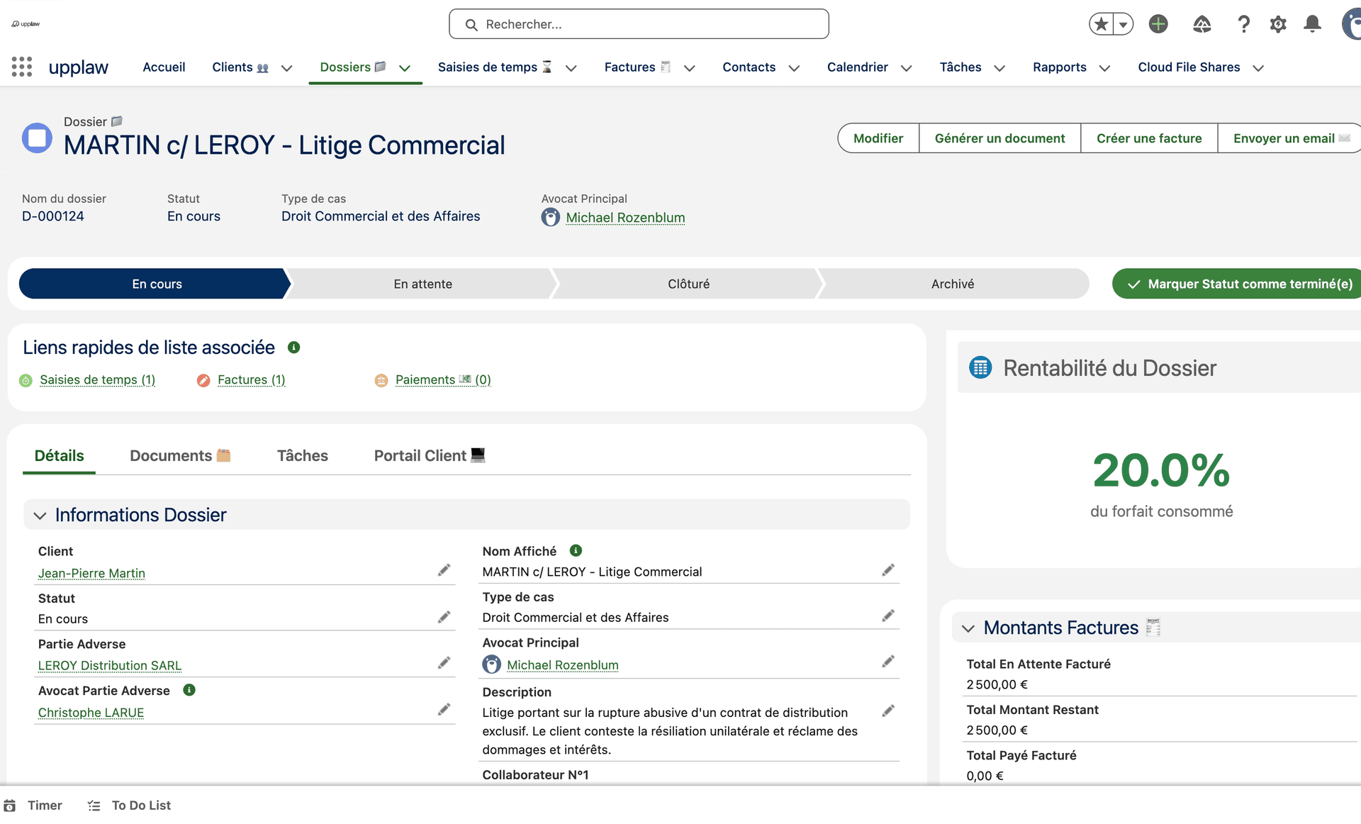 Vue dossier client – CRM Upplaw